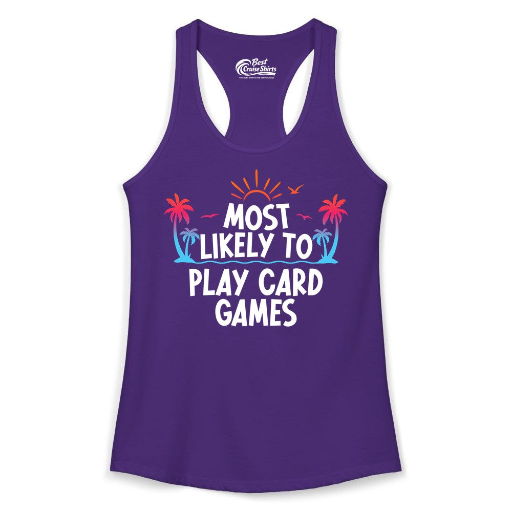 Cruise Card Game Shirt - Tropical Vacation Fun for Family Cruises (Ladies Tank) in Solid Purple Rush - Tropical Cruise Card Game Shirt - Sunset Palms Playful Vacation Tee