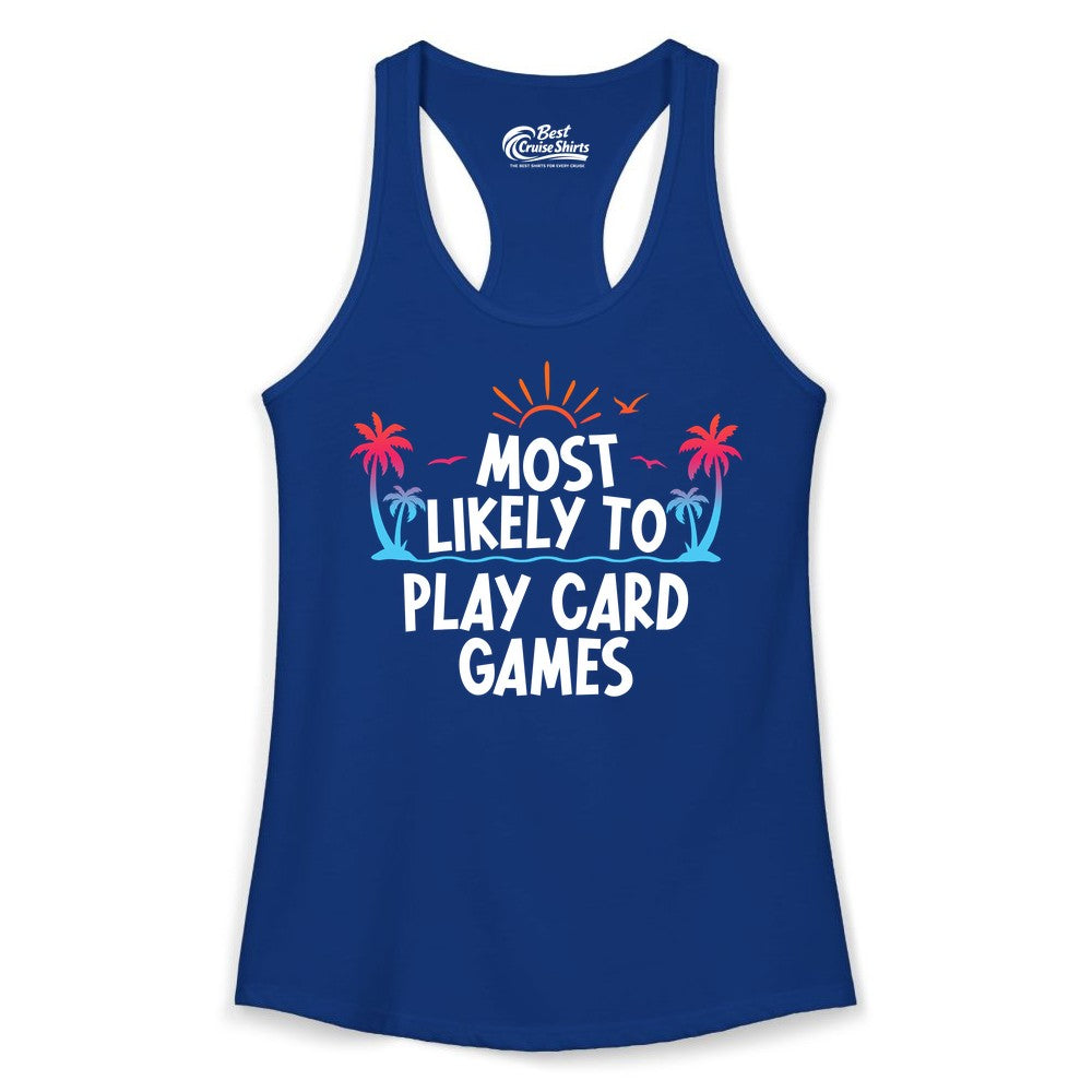Cruise Card Game Shirt - Tropical Vacation Fun for Family Cruises (Ladies Tank) in Solid Royal - Tropical Cruise Card Game Shirt - Sunset Palms Playful Vacation Tee