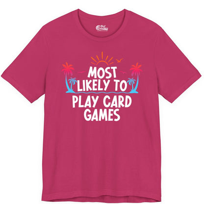 Cruise Card Game Shirt - Tropical Vacation Fun for Family Cruises (Premium Tee) in Berry - Tropical Cruise Card Game Shirt - Sunset Palms Playful Vacation Tee