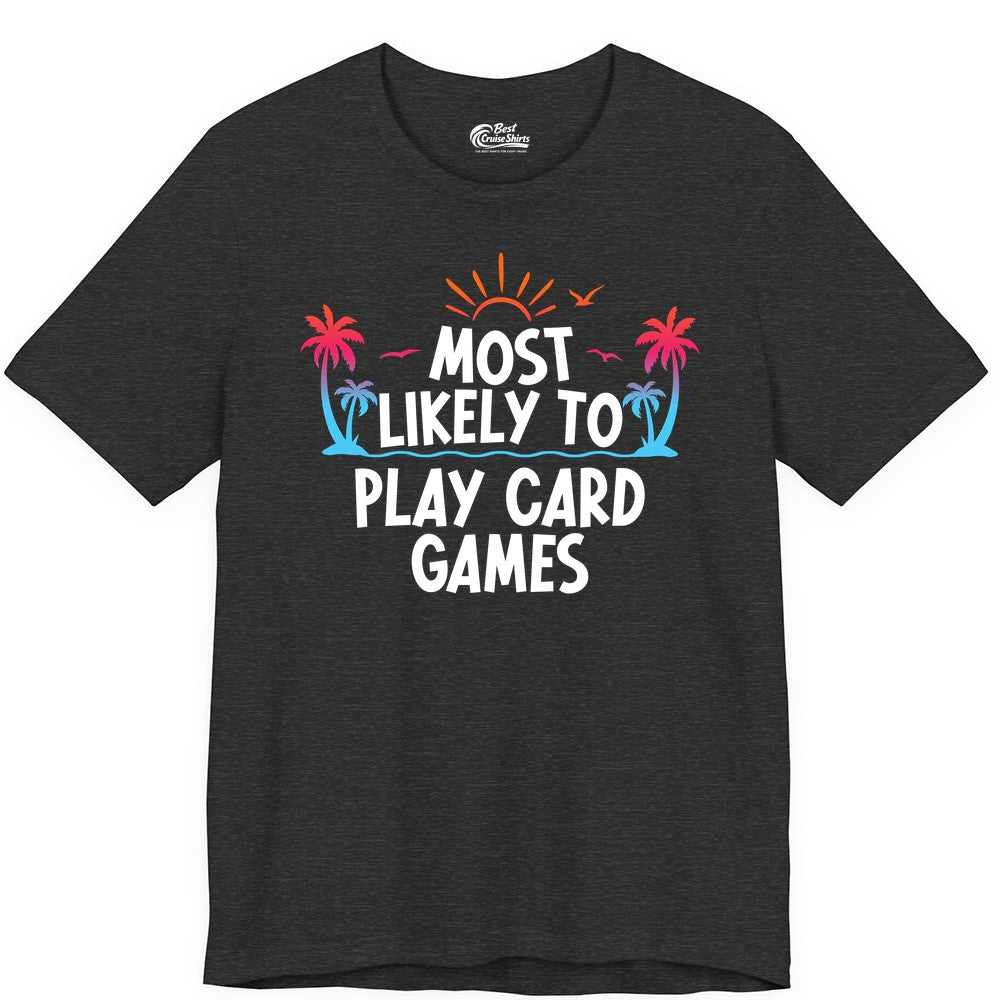 Cruise Card Game Shirt - Tropical Vacation Fun for Family Cruises (Premium Tee) in Dark Grey Heather - Tropical Cruise Card Game Shirt - Sunset Palms Playful Vacation Tee