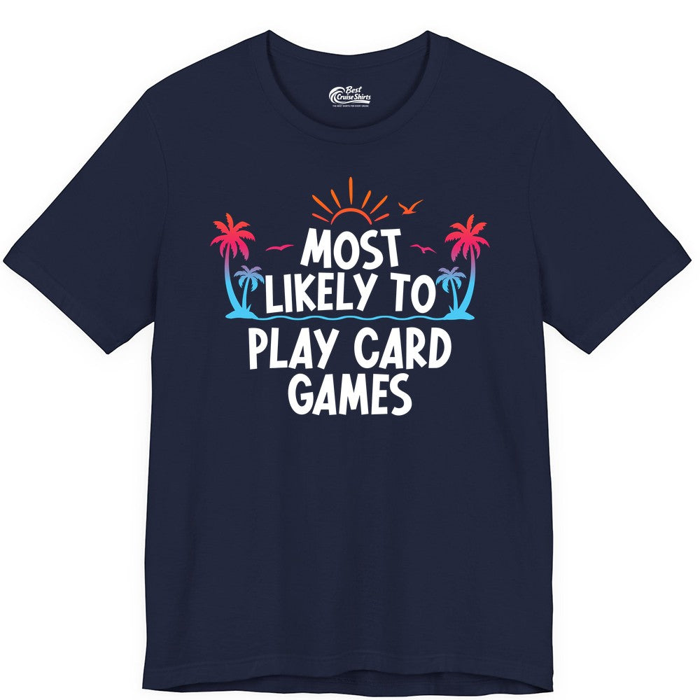 Cruise Card Game Shirt - Tropical Vacation Fun for Family Cruises (Premium Tee) in Navy - Tropical Cruise Card Game Shirt - Sunset Palms Playful Vacation Tee