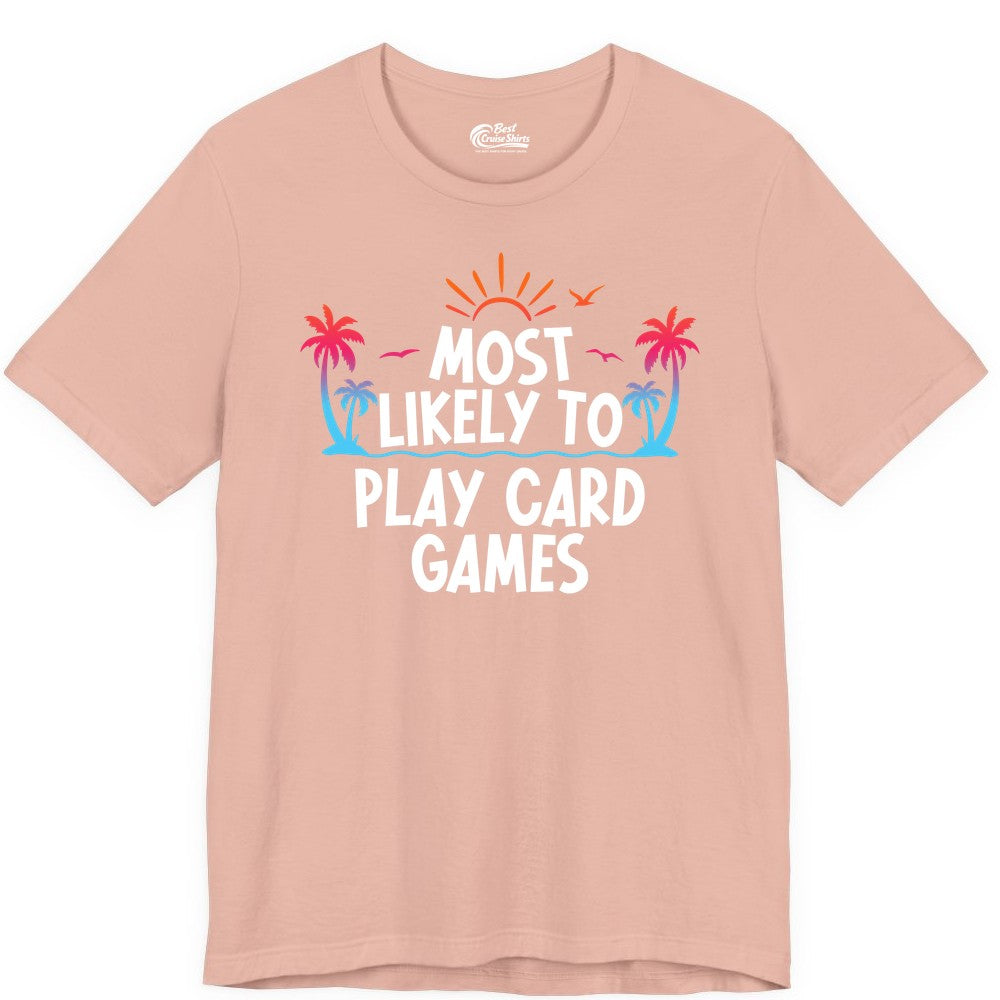 Cruise Card Game Shirt - Tropical Vacation Fun for Family Cruises (Premium Tee) in Peach - Tropical Cruise Card Game Shirt - Sunset Palms Playful Vacation Tee