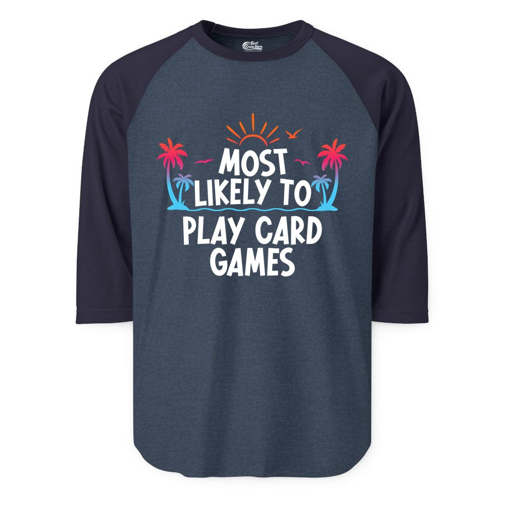 Cruise Card Game Shirt - Tropical Vacation Fun for Family Cruises (Raglan) in Heather DenimNavy - Tropical Cruise Card Game Shirt - Sunset Palms Playful Vacation Tee