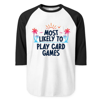 Cruise Card Game Shirt - Tropical Vacation Fun for Family Cruises (Raglan) in WhiteBlack - Tropical Cruise Card Game Shirt - Sunset Palms Playful Vacation Tee