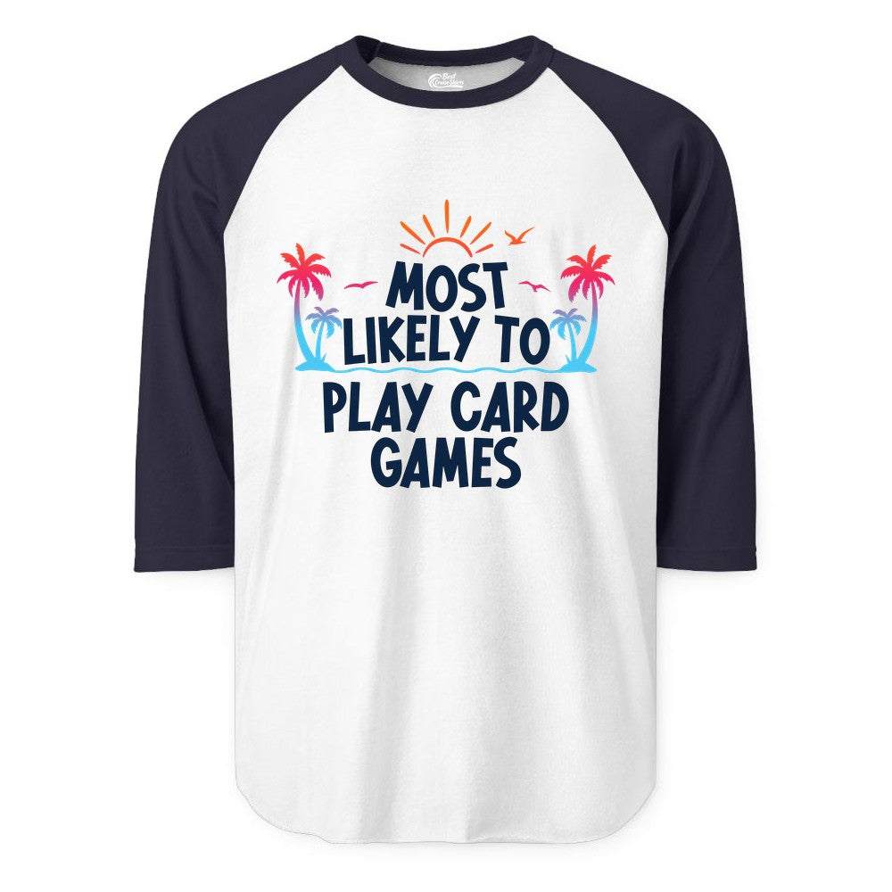 Cruise Card Game Shirt - Tropical Vacation Fun for Family Cruises (Raglan) in WhiteNavy - Tropical Cruise Card Game Shirt - Sunset Palms Playful Vacation Tee