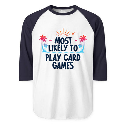 Cruise Card Game Shirt - Tropical Vacation Fun for Family Cruises (Raglan) in WhiteNavy - Tropical Cruise Card Game Shirt - Sunset Palms Playful Vacation Tee