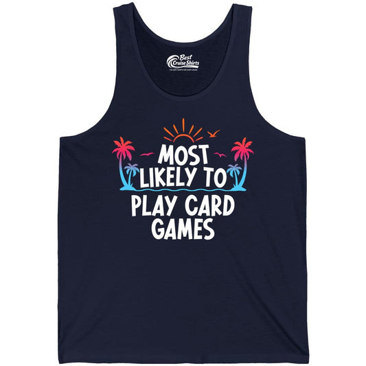Cruise Card Game Shirt - Tropical Vacation Fun for Family Cruises (Tank Top) in Navy - Tropical Cruise Card Game Shirt - Sunset Palms Playful Vacation Tee