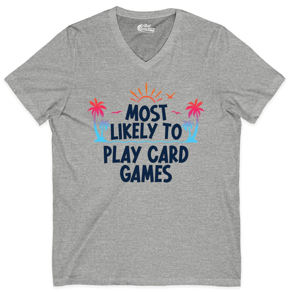 Cruise Card Game Shirt - Tropical Vacation Fun for Family Cruises (V-Neck) in Athletic Heather - Tropical Cruise Card Game Shirt - Sunset Palms Playful Vacation Tee