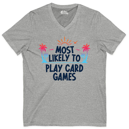 Cruise Card Game Shirt - Tropical Vacation Fun for Family Cruises (V-Neck) in Athletic Heather - Tropical Cruise Card Game Shirt - Sunset Palms Playful Vacation Tee