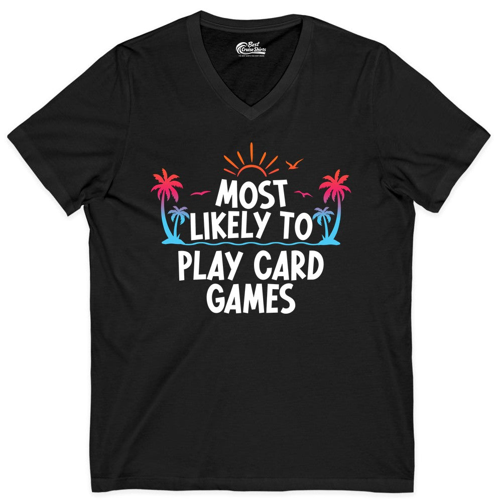 Cruise Card Game Shirt - Tropical Vacation Fun for Family Cruises (V-Neck) in Black - Tropical Cruise Card Game Shirt - Sunset Palms Playful Vacation Tee