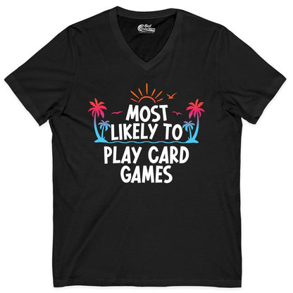 Cruise Card Game Shirt - Tropical Vacation Fun for Family Cruises (V-Neck) in Black - Tropical Cruise Card Game Shirt - Sunset Palms Playful Vacation Tee
