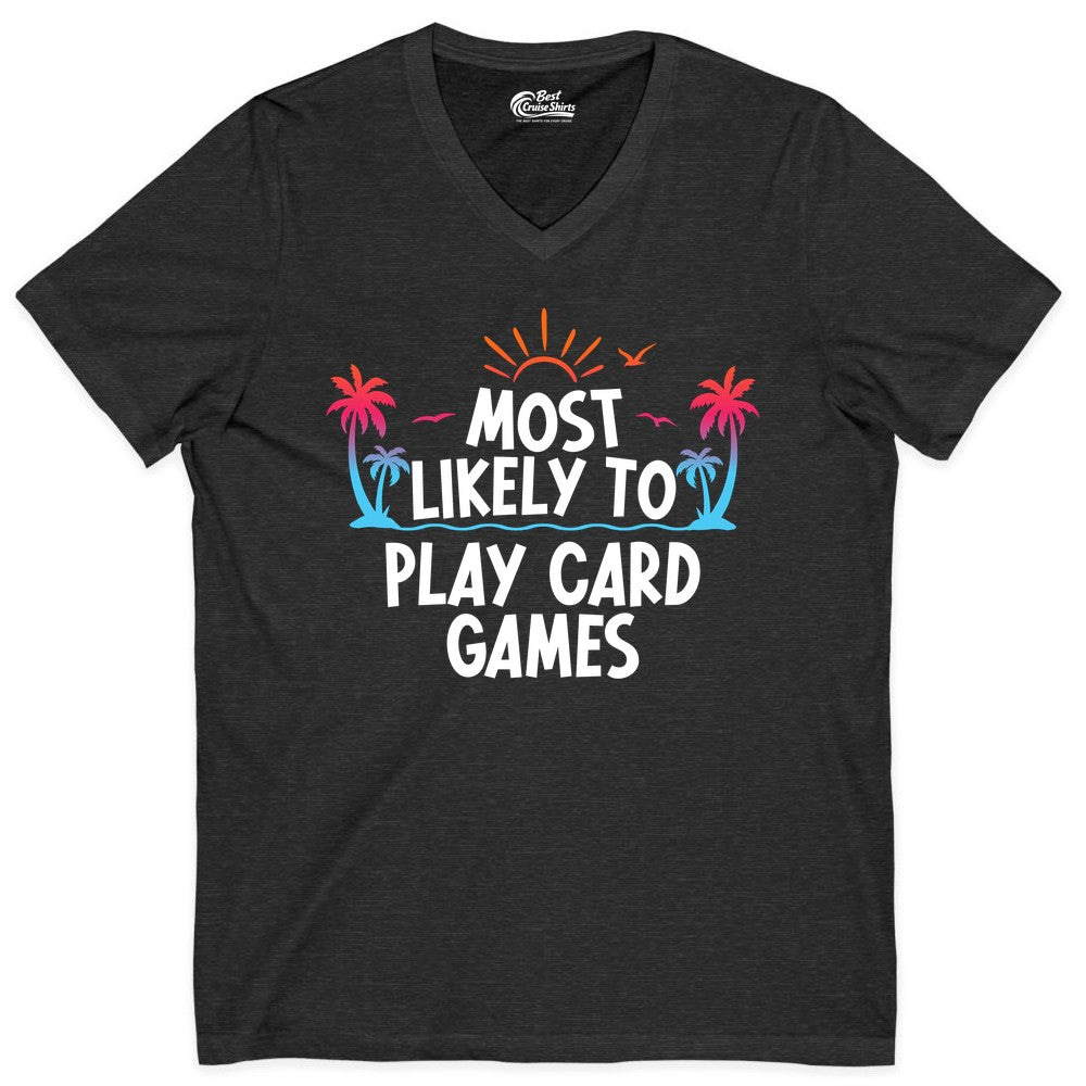 Cruise Card Game Shirt - Tropical Vacation Fun for Family Cruises (V-Neck) in Dark Grey Heather - Tropical Cruise Card Game Shirt - Sunset Palms Playful Vacation Tee