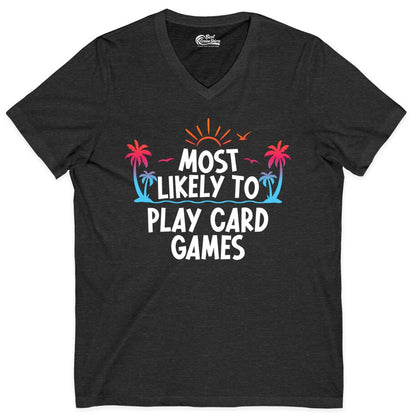 Cruise Card Game Shirt - Tropical Vacation Fun for Family Cruises (V-Neck) in Dark Grey Heather - Tropical Cruise Card Game Shirt - Sunset Palms Playful Vacation Tee
