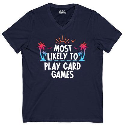 Cruise Card Game Shirt - Tropical Vacation Fun for Family Cruises (V-Neck) in Navy - Tropical Cruise Card Game Shirt - Sunset Palms Playful Vacation Tee