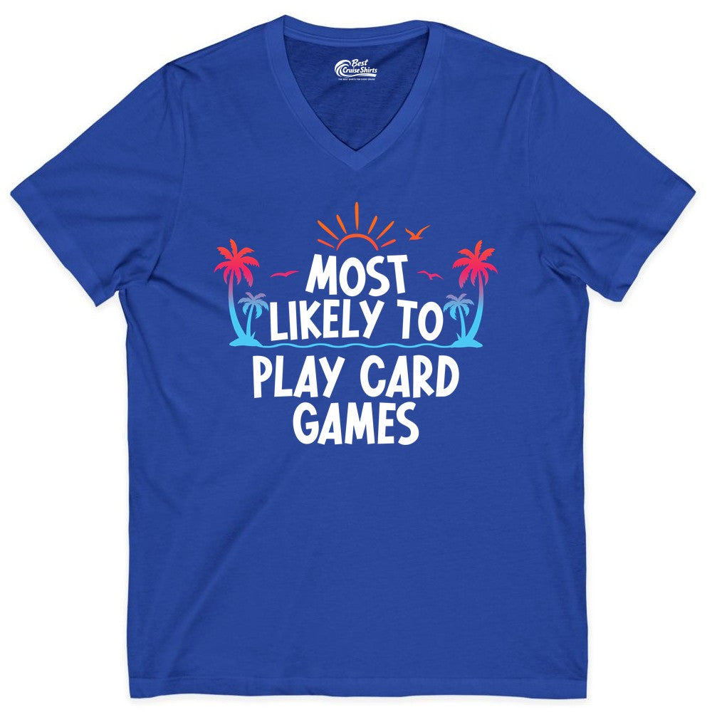 Cruise Card Game Shirt - Tropical Vacation Fun for Family Cruises (V-Neck) in True Royal - Tropical Cruise Card Game Shirt - Sunset Palms Playful Vacation Tee