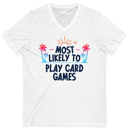 Cruise Card Game Shirt - Tropical Vacation Fun for Family Cruises (V-Neck) in White - Tropical Cruise Card Game Shirt - Sunset Palms Playful Vacation Tee