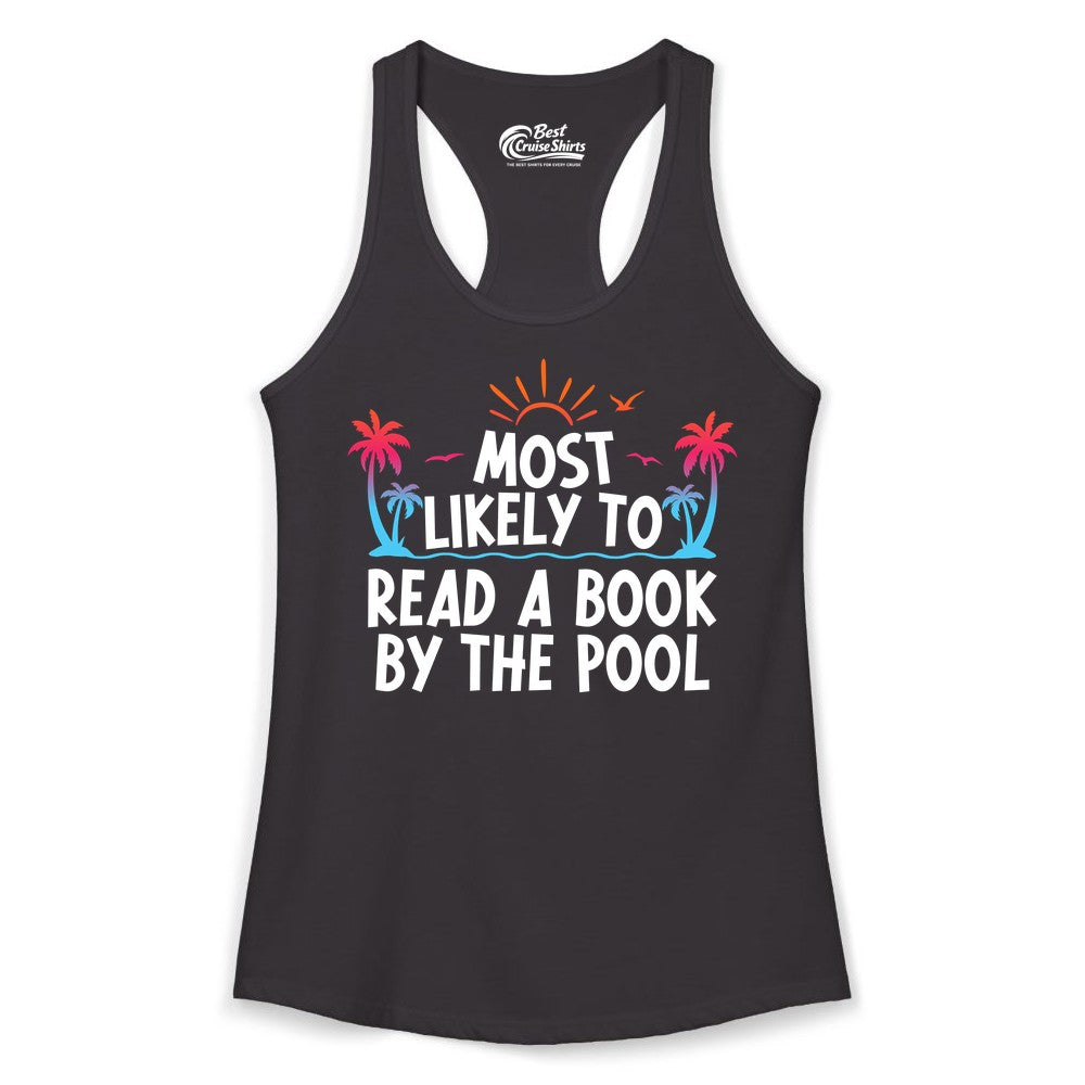 Most Likely to Read a Book by the Pool Shirt - Summer Reading Tee (Ladies Tank) in Black - Most Likely To Read A Book By The Pool Tropical Summer Shirt