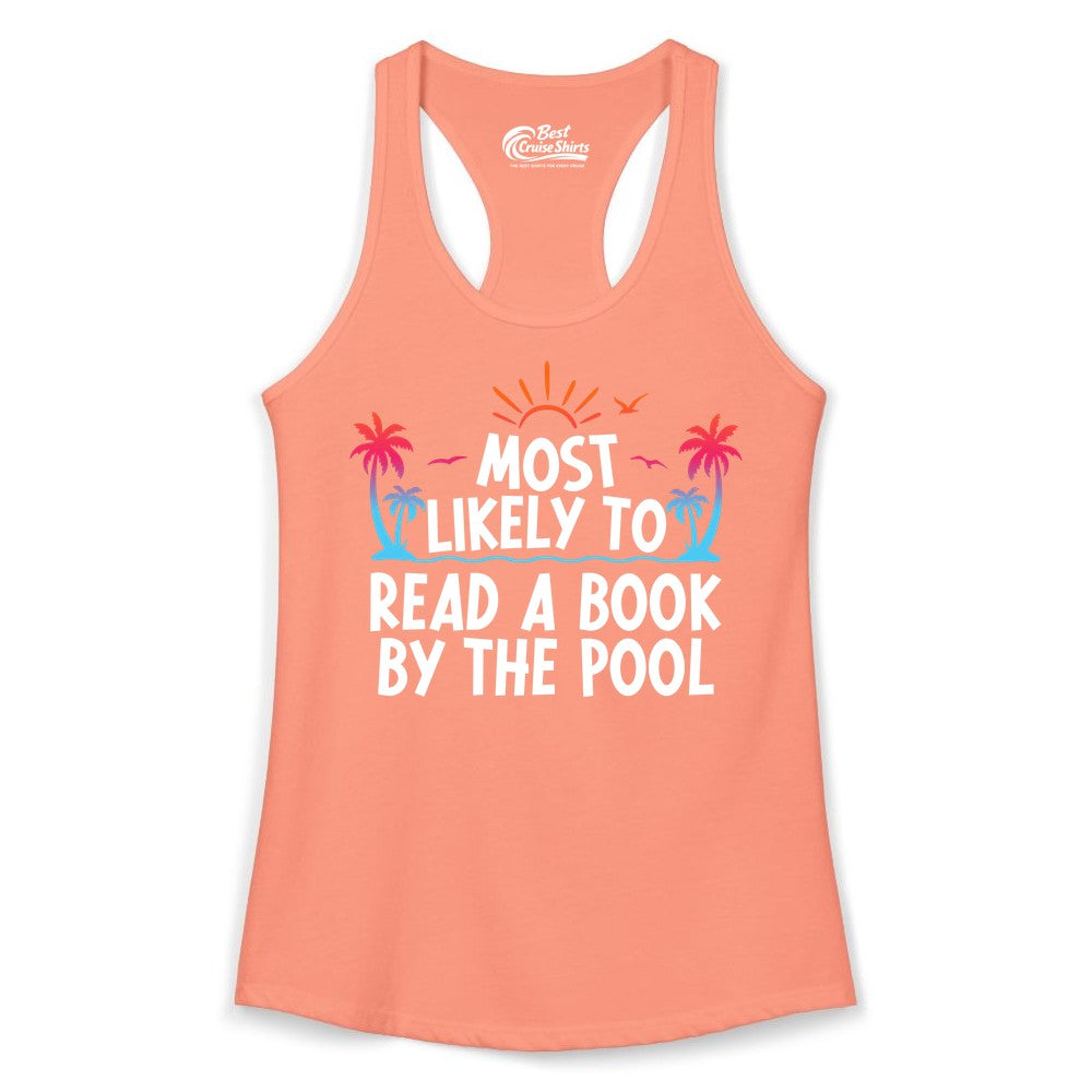 Most Likely to Read a Book by the Pool Shirt - Summer Reading Tee (Ladies Tank) in Solid Light Orange - Most Likely To Read A Book By The Pool Tropical Summer Shirt