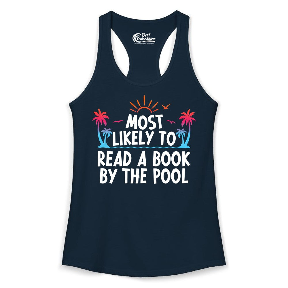 Most Likely to Read a Book by the Pool Shirt - Summer Reading Tee (Ladies Tank) in Solid Midnight Navy - Most Likely To Read A Book By The Pool Tropical Summer Shirt
