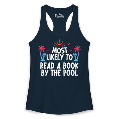 Most Likely to Read a Book by the Pool Shirt - Summer Reading Tee (Ladies Tank) in Solid Midnight Navy - Most Likely To Read A Book By The Pool Tropical Summer Shirt