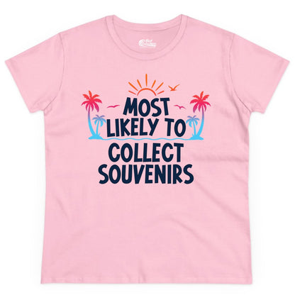 Most Likely to Collect Souvenirs Shirt - Tropical Vacation Apparel (Ladies Tee) in Light Pink - Most Likely To Collect Souvenirs Tropical Palm Tree Beach Shirt