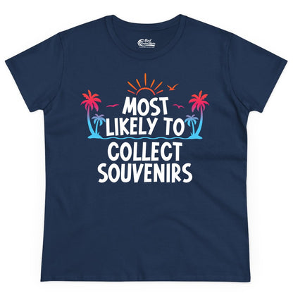 Most Likely to Collect Souvenirs Shirt - Tropical Vacation Apparel (Ladies Tee) in Navy - Most Likely To Collect Souvenirs Tropical Palm Tree Beach Shirt