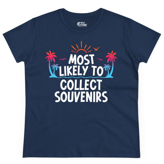 Most Likely to Collect Souvenirs Shirt - Tropical Vacation Apparel (Ladies Tee) in Navy - Most Likely To Collect Souvenirs Tropical Palm Tree Beach Shirt
