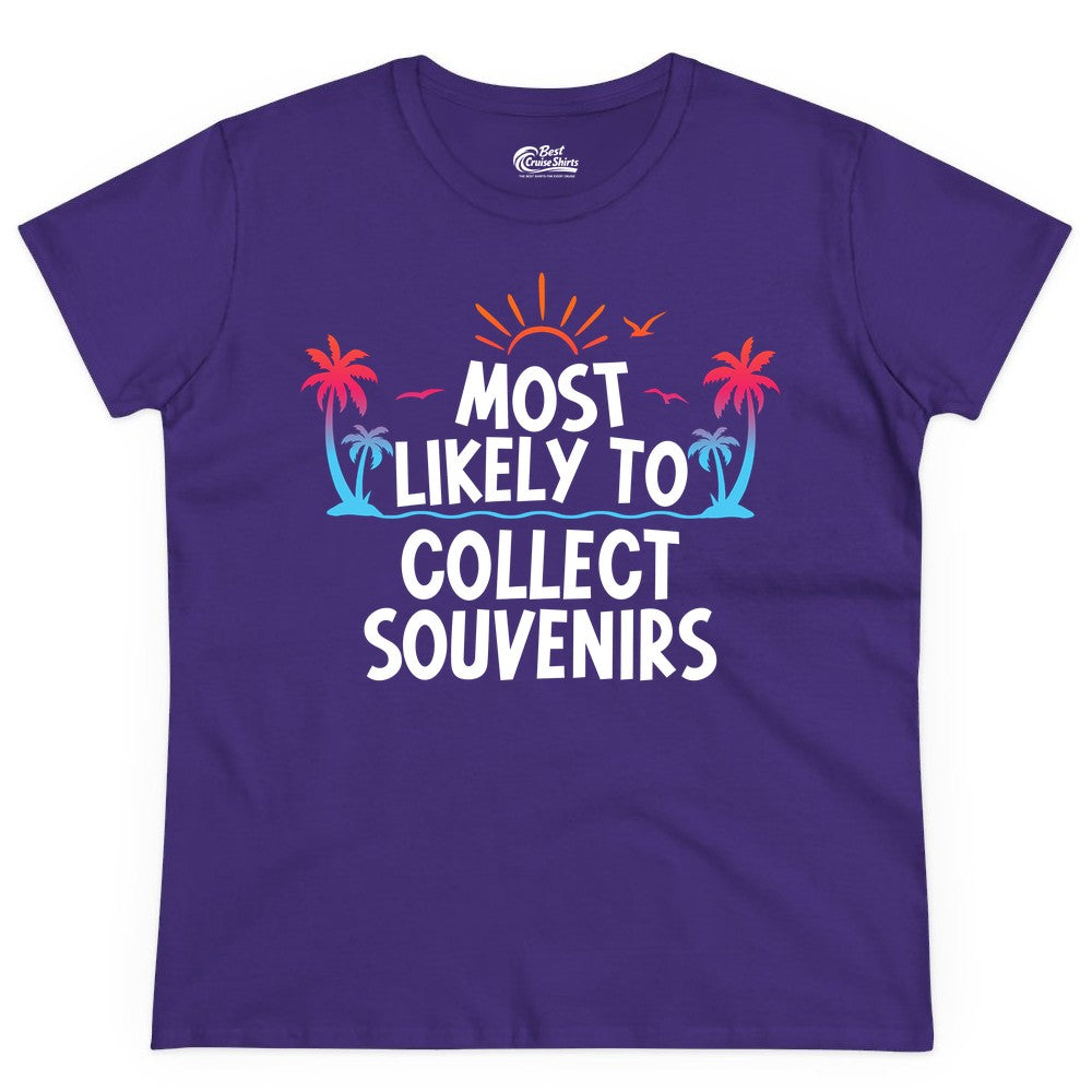 Most Likely to Collect Souvenirs Shirt - Tropical Vacation Apparel (Ladies Tee) in Purple - Most Likely To Collect Souvenirs Tropical Palm Tree Beach Shirt