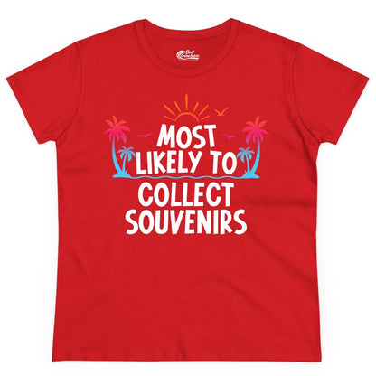 Most Likely to Collect Souvenirs Shirt - Tropical Vacation Apparel (Ladies Tee) in Red - Most Likely To Collect Souvenirs Tropical Palm Tree Beach Shirt