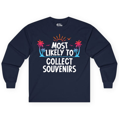 Most Likely to Collect Souvenirs Shirt - Tropical Vacation Apparel (Long Sleeve) in Navy - Most Likely To Collect Souvenirs Tropical Palm Tree Beach Shirt