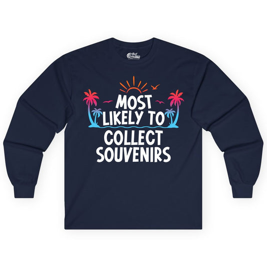 Most Likely to Collect Souvenirs Shirt - Tropical Vacation Apparel (Long Sleeve) in Navy - Most Likely To Collect Souvenirs Tropical Palm Tree Beach Shirt