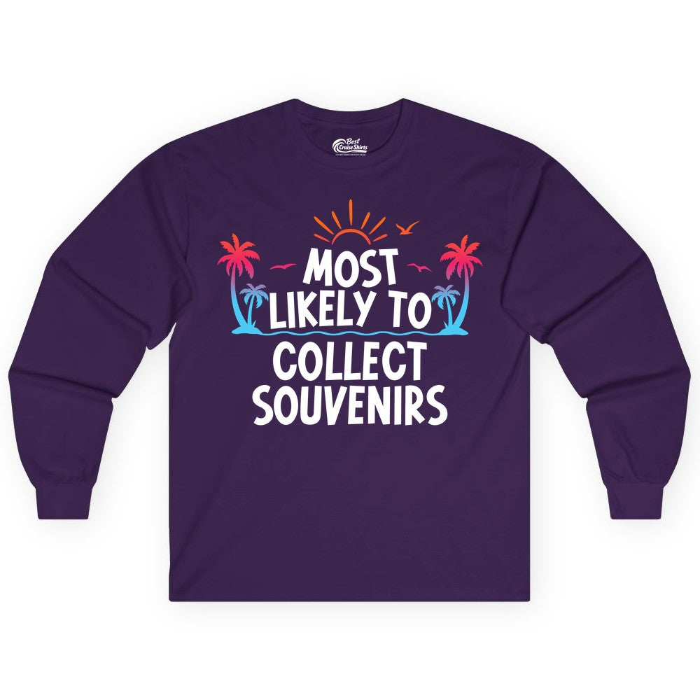 Most Likely to Collect Souvenirs Shirt - Tropical Vacation Apparel (Long Sleeve) in Purple - Most Likely To Collect Souvenirs Tropical Palm Tree Beach Shirt