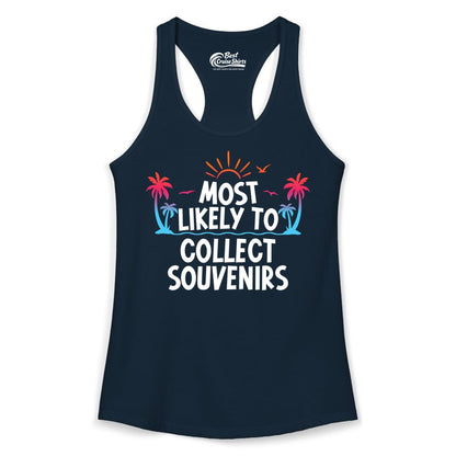 Most Likely to Collect Souvenirs Shirt - Tropical Vacation Apparel (Ladies Tank) in Solid Midnight Navy - Most Likely To Collect Souvenirs Tropical Palm Tree Beach Shirt