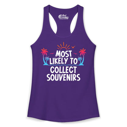 Most Likely to Collect Souvenirs Shirt - Tropical Vacation Apparel (Ladies Tank) in Solid Purple Rush - Most Likely To Collect Souvenirs Tropical Palm Tree Beach Shirt