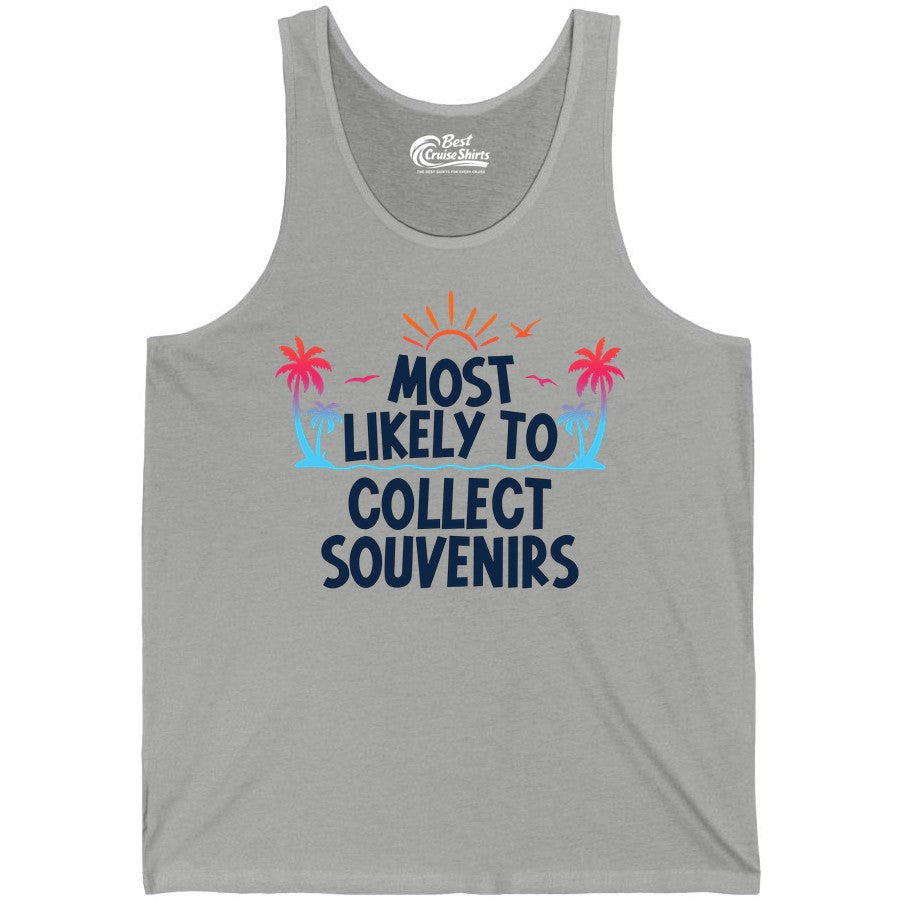 Most Likely to Collect Souvenirs Shirt - Tropical Vacation Apparel (Tank Top) in Athletic Heather - Most Likely To Collect Souvenirs Tropical Palm Tree Beach Shirt