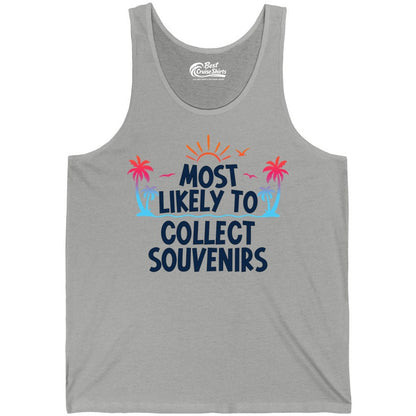Most Likely to Collect Souvenirs Shirt - Tropical Vacation Apparel (Tank Top) in Athletic Heather - Most Likely To Collect Souvenirs Tropical Palm Tree Beach Shirt
