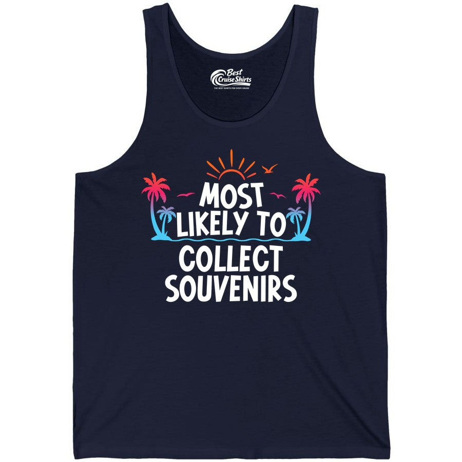 Most Likely to Collect Souvenirs Shirt - Tropical Vacation Apparel (Tank Top) in Navy - Most Likely To Collect Souvenirs Tropical Palm Tree Beach Shirt