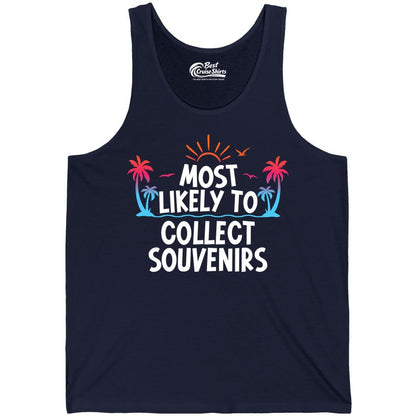 Most Likely to Collect Souvenirs Shirt - Tropical Vacation Apparel (Tank Top) in Navy - Most Likely To Collect Souvenirs Tropical Palm Tree Beach Shirt