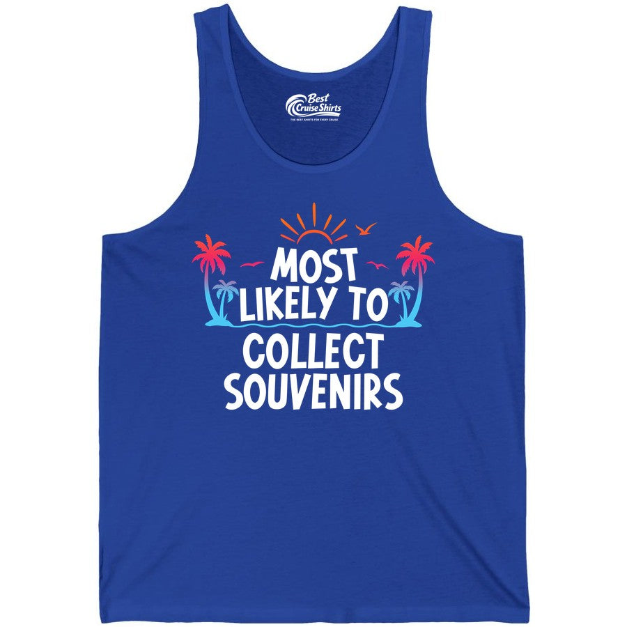 Most Likely to Collect Souvenirs Shirt - Tropical Vacation Apparel (Tank Top) in True Royal - Most Likely To Collect Souvenirs Tropical Palm Tree Beach Shirt