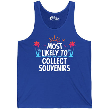 Most Likely to Collect Souvenirs Shirt - Tropical Vacation Apparel (Tank Top) in True Royal - Most Likely To Collect Souvenirs Tropical Palm Tree Beach Shirt