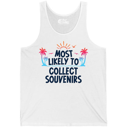 Most Likely to Collect Souvenirs Shirt - Tropical Vacation Apparel (Tank Top) in White - Most Likely To Collect Souvenirs Tropical Palm Tree Beach Shirt
