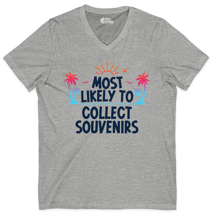 Most Likely to Collect Souvenirs Shirt - Tropical Vacation Apparel (V-Neck) in Athletic Heather - Most Likely To Collect Souvenirs Tropical Palm Tree Beach Shirt