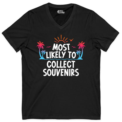 Most Likely to Collect Souvenirs Shirt - Tropical Vacation Apparel (V-Neck) in Black - Most Likely To Collect Souvenirs Tropical Palm Tree Beach Shirt