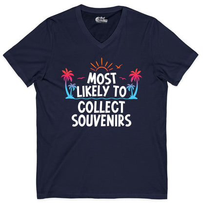 Most Likely to Collect Souvenirs Shirt - Tropical Vacation Apparel (V-Neck) in Navy - Most Likely To Collect Souvenirs Tropical Palm Tree Beach Shirt