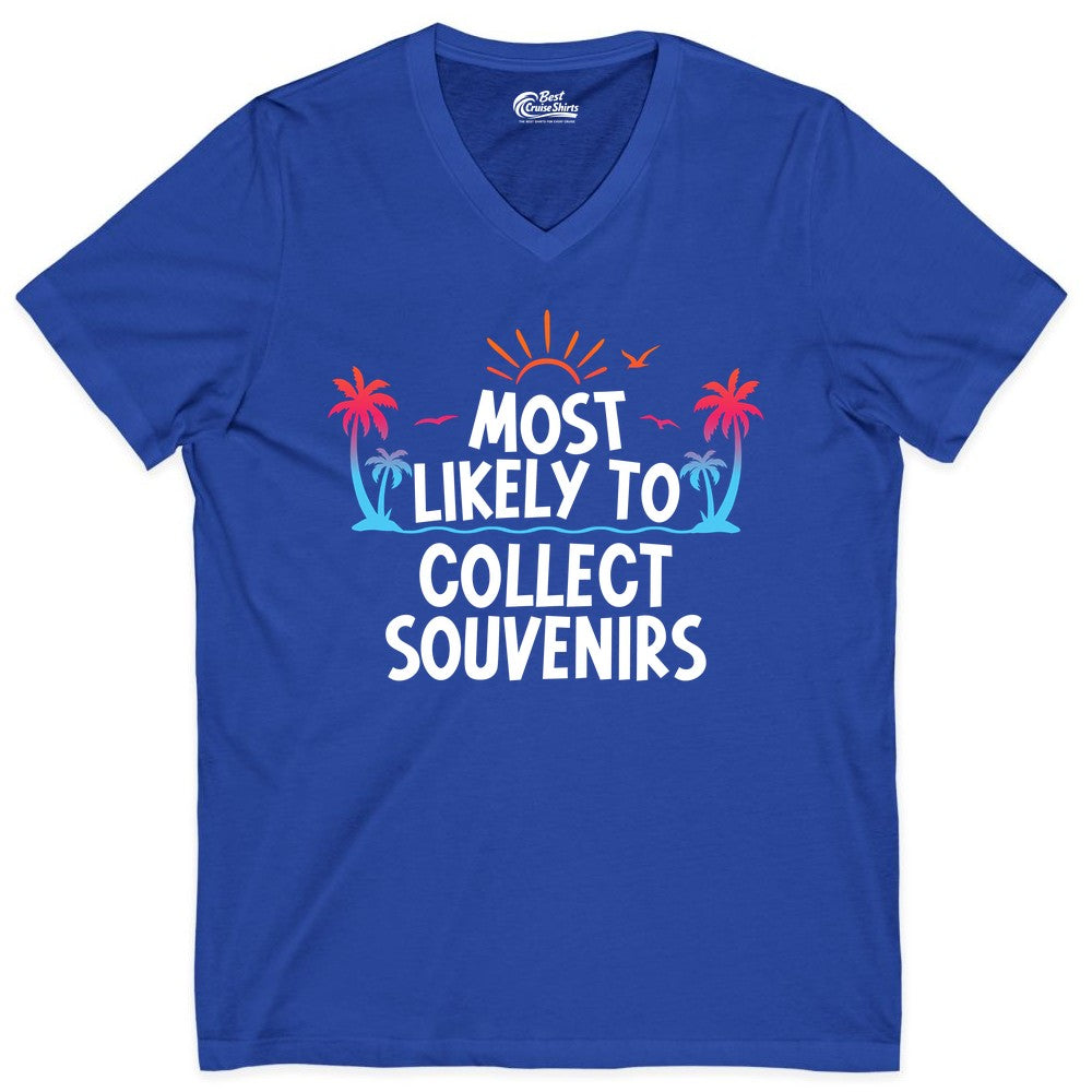 Most Likely to Collect Souvenirs Shirt - Tropical Vacation Apparel (V-Neck) in True Royal - Most Likely To Collect Souvenirs Tropical Palm Tree Beach Shirt