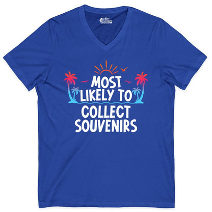 Most Likely to Collect Souvenirs Shirt - Tropical Vacation Apparel (V-Neck) in True Royal - Most Likely To Collect Souvenirs Tropical Palm Tree Beach Shirt