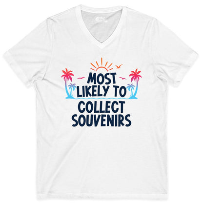 Most Likely to Collect Souvenirs Shirt - Tropical Vacation Apparel (V-Neck) in White - Most Likely To Collect Souvenirs Tropical Palm Tree Beach Shirt