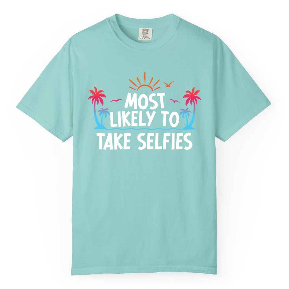 Most Likely to Take Selfies Shirt - Tropical Vacation Funny Tee (Comfort Color) in Chalky Mint - Most Likely to Take Selfies Tropical Sunset Palm Trees Shirt