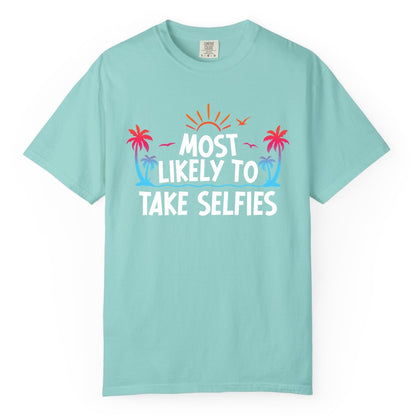 Most Likely to Take Selfies Shirt - Tropical Vacation Funny Tee (Comfort Color) in Chalky Mint - Most Likely to Take Selfies Tropical Sunset Palm Trees Shirt