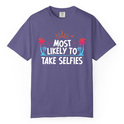 Most Likely to Take Selfies Shirt - Tropical Vacation Funny Tee (Comfort Color) in Grape - Most Likely to Take Selfies Tropical Sunset Palm Trees Shirt